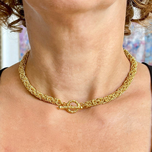 Champagne Gold Vermeil Byzantine Choker on Model clasp in front / inside natural light