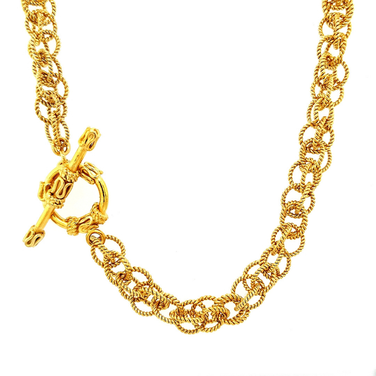 24K Gold Vermeil 8mm Spinner Necklace - Closeup of Decorative Toggle Clasp on white background