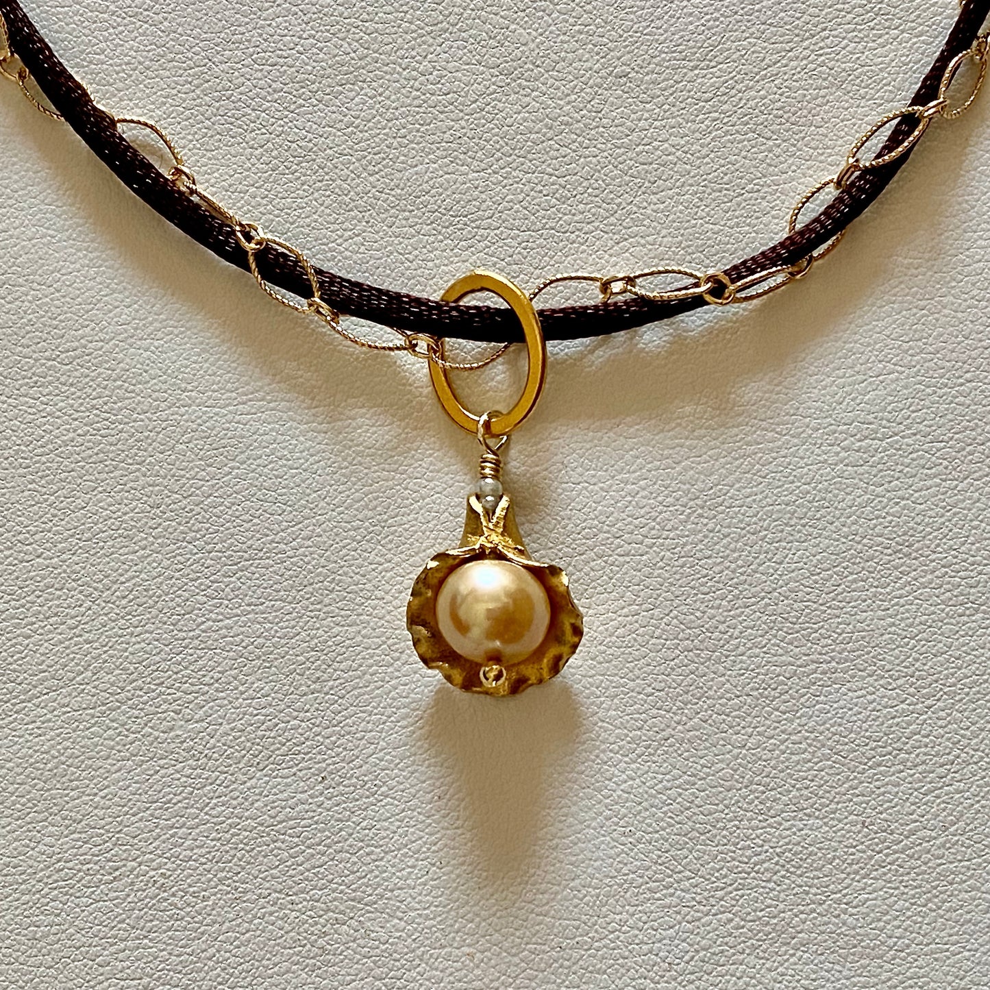 Closeup Cultured Pearl Drop Pendant on Sunblush Necklace by Arpaia