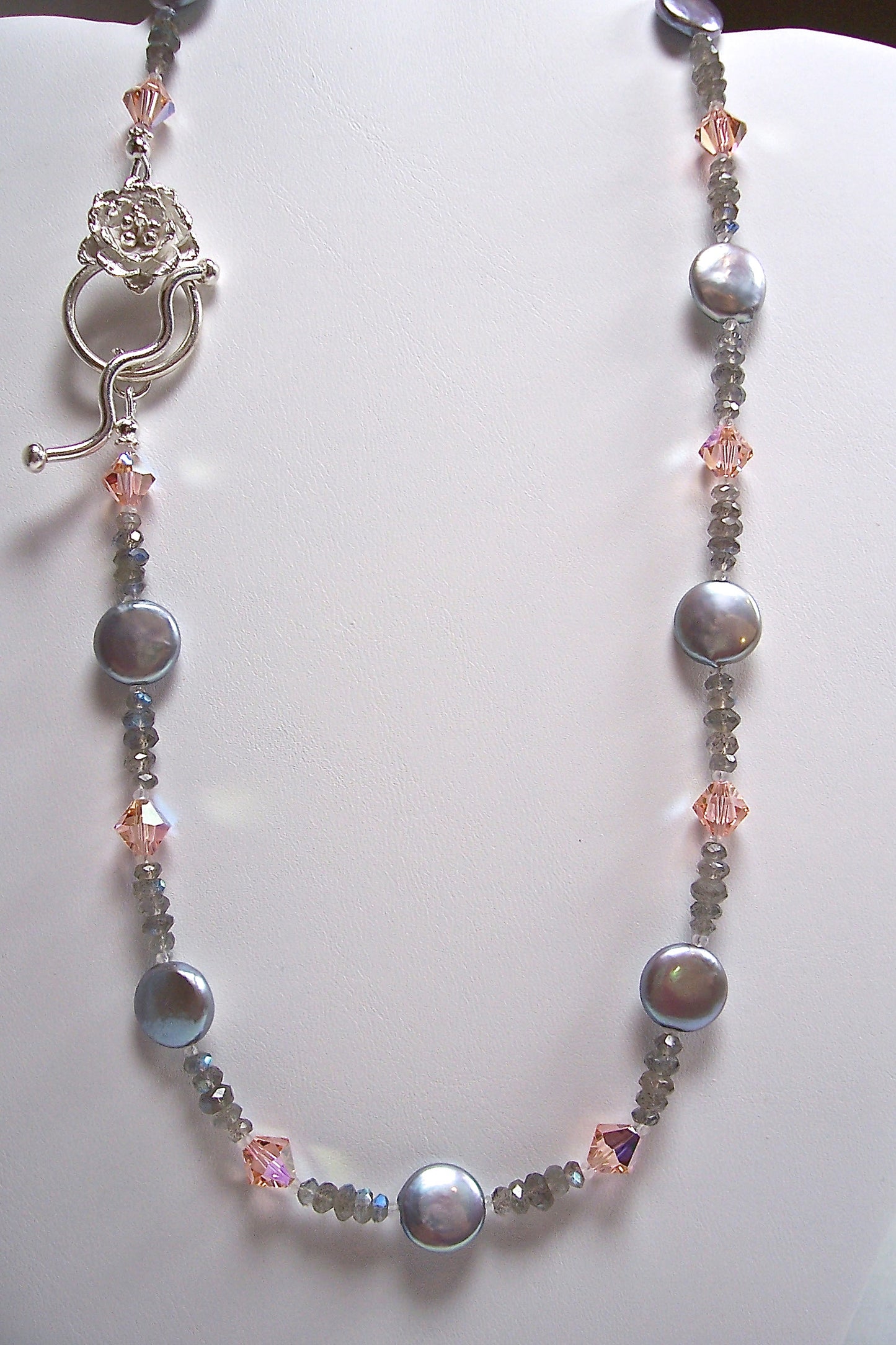 Arpaia dove grey coin pearl & peach crystal necklace