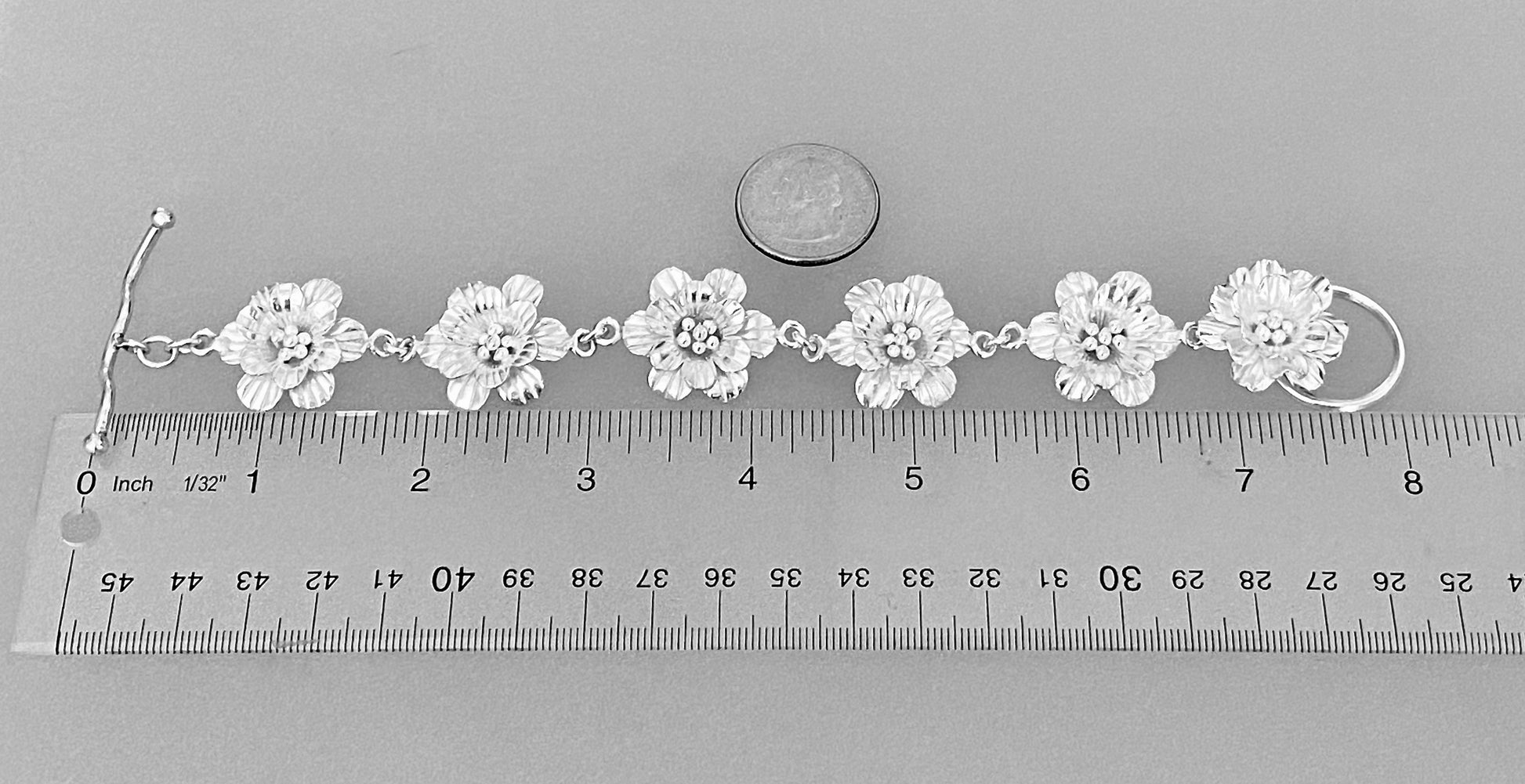 Handmade 999 Fine Silver 8 Open Petal Flower Bracelet with Toggle Clasp