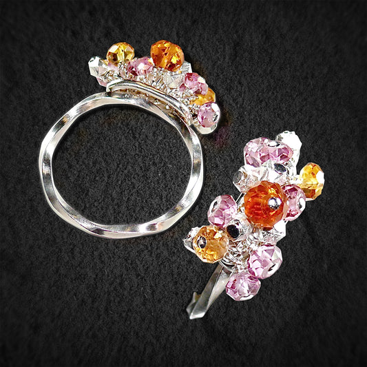 Handcrafted Gemstone Confetti Ring by Arpaia Lang - Twisted Sterling Silver with Citrine & Pink Topaz Faceted Briolette Beads