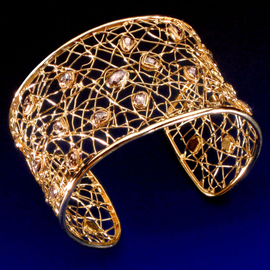 Artisan-crafted High Karat Gold Cuff Bracelet with Natural Champagne Diamonds