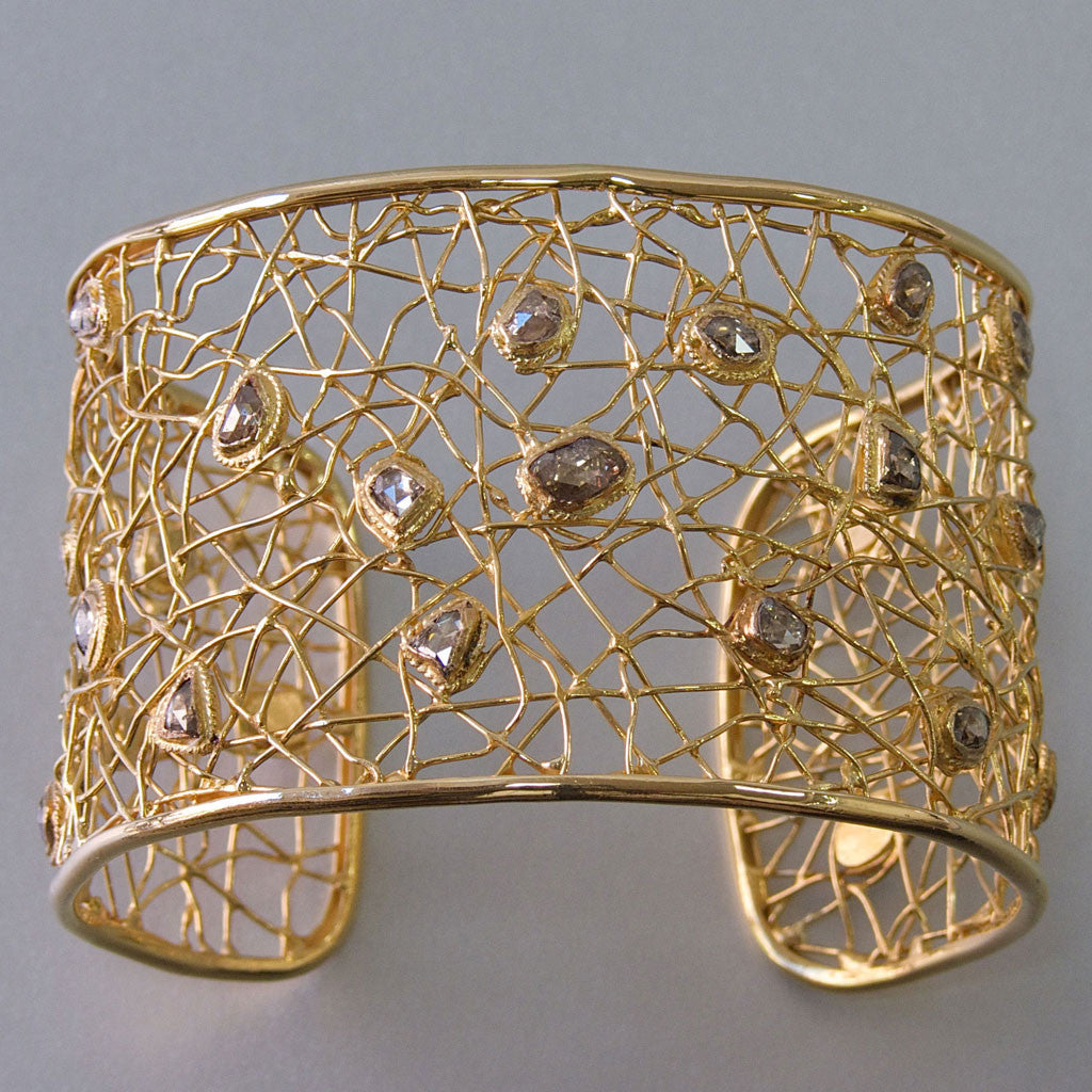 Artisan-crafted High Karat Gold Cuff Bracelet with Natural Champagne Diamonds