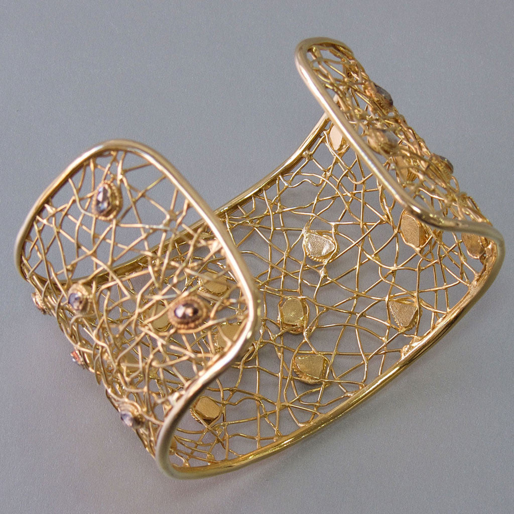 Artisan-crafted High Karat Gold Cuff Bracelet with Natural Champagne Diamonds