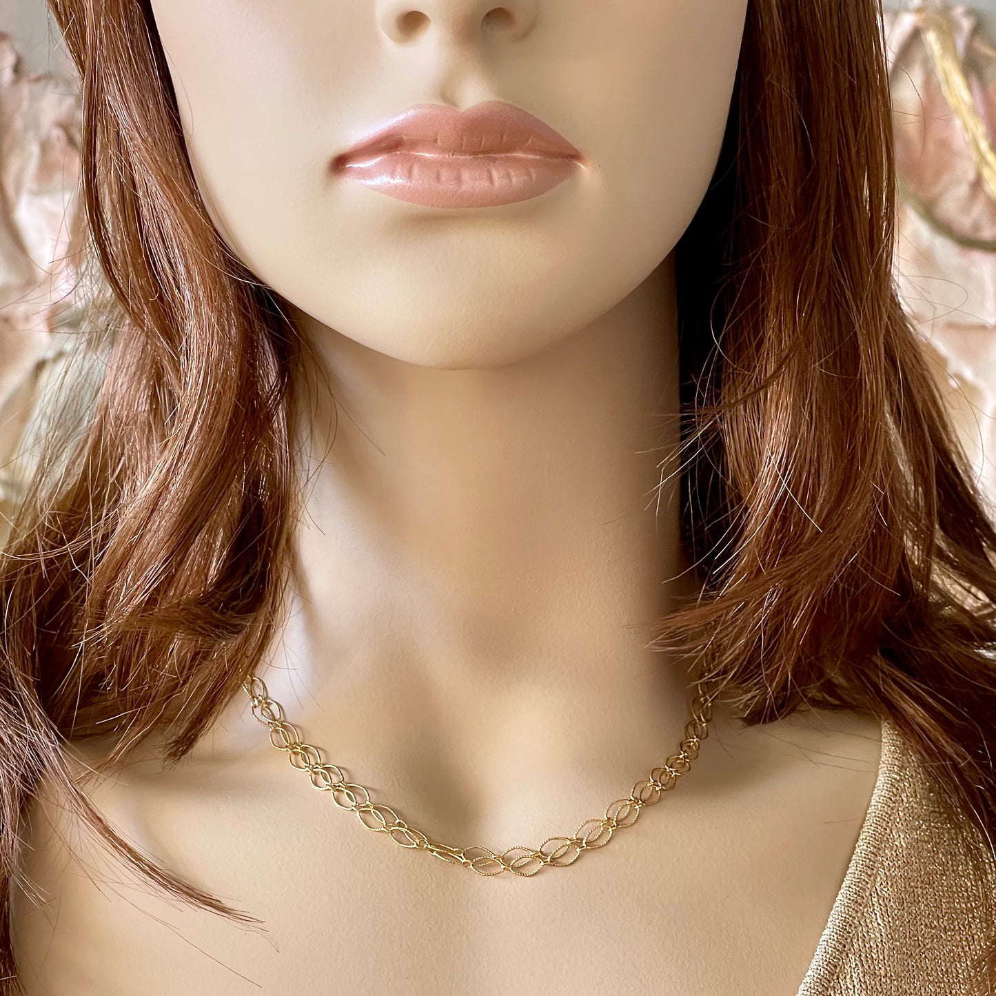 14K GF Double Strand Marquise Link Chain Necklace shown full length on mannequin / Arpaia