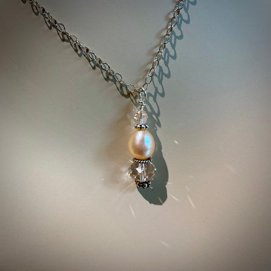 Peach Cultured Pearl & Crystal Drop Pendant on 18" Textured Oxidized Sterling Silver Chain