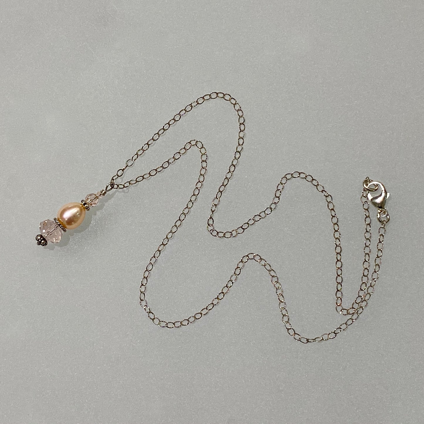 Peach Cultured Pearl & Crystal Drop Pendant on 18" Textured Oxidized Sterling Silver Chain