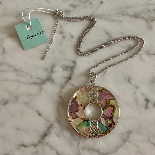 Arpaia Jewelry Abalone Pendant on Adjustable Popcorn Chain / Rhodium Plated Sterling Silver