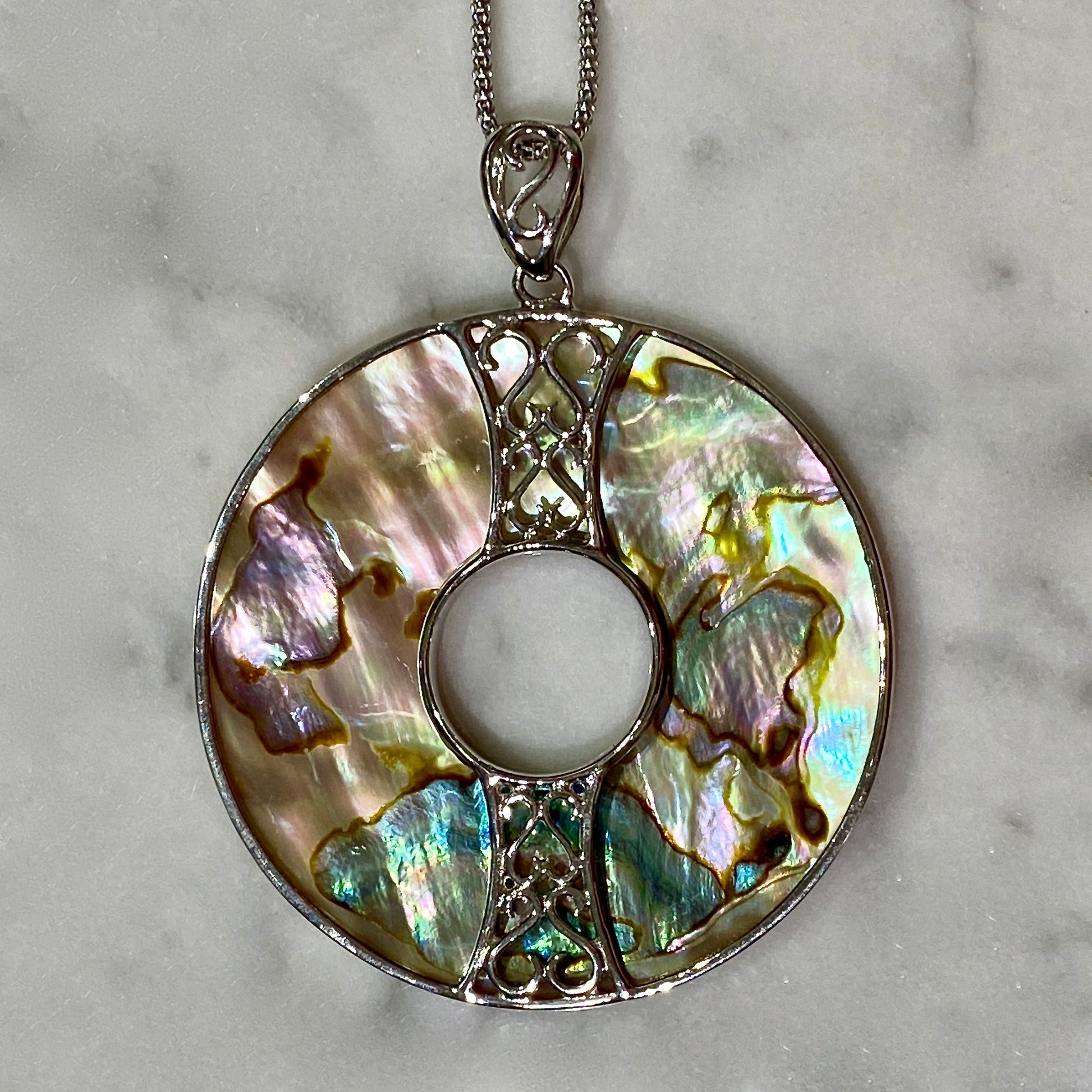 Golden Abalone Donut Pendant with Decorative Scrollwork / Arpaia Jewelry