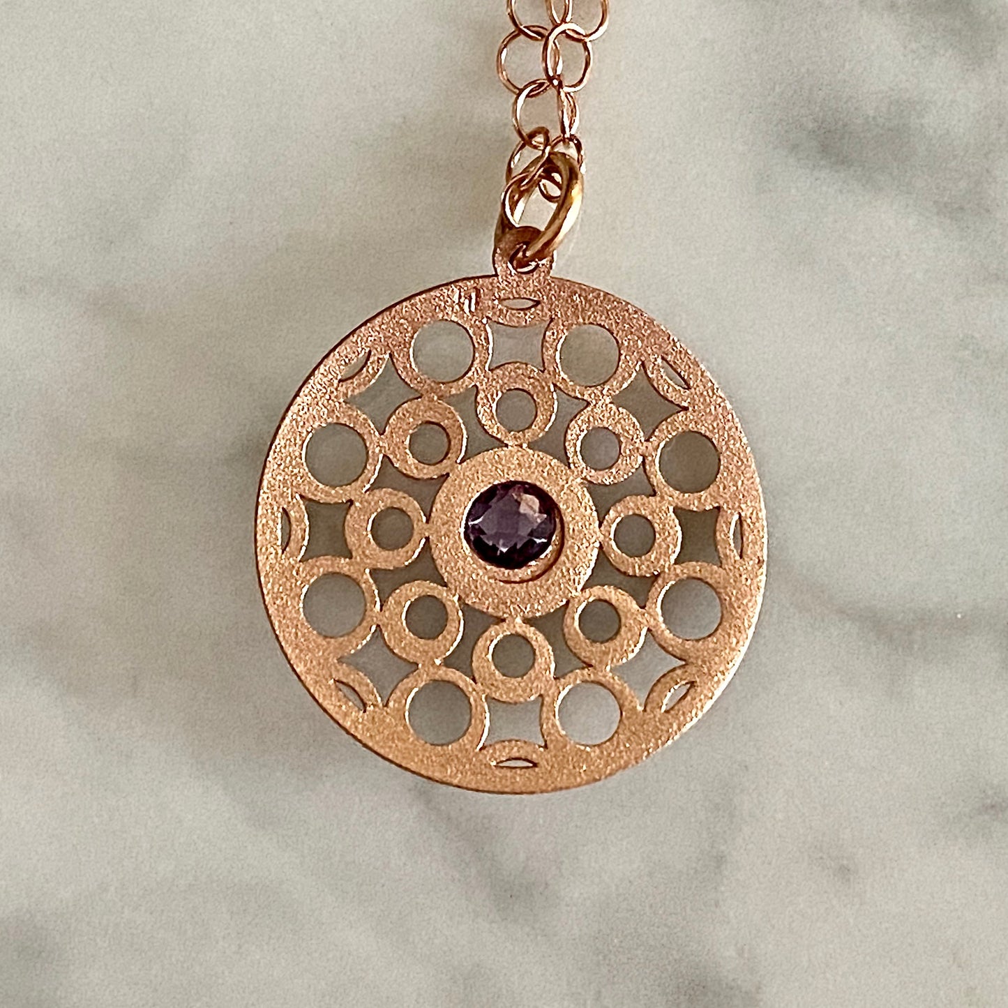 Amethyst & Rose-tone Open Circles Pendant on Adjustable 18" Round Link Chain with Lobster Clasp