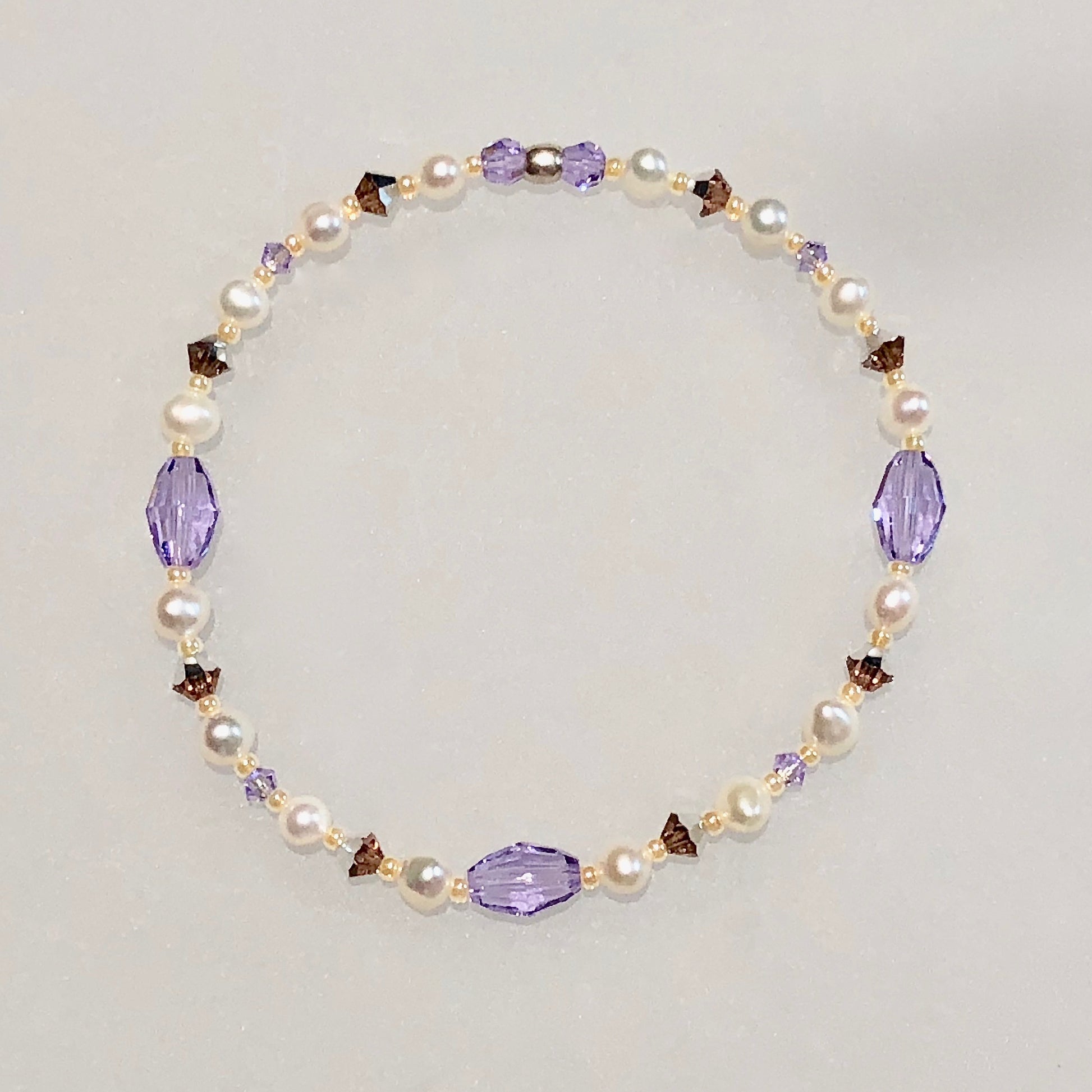 Arpaia white pearl, lavender crystal, glass seed bead bracelet