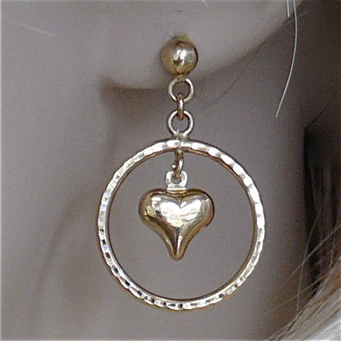 Leslie's 14K Yellow Gold Puffed Heart & Open Circle Dangle Post Earrings