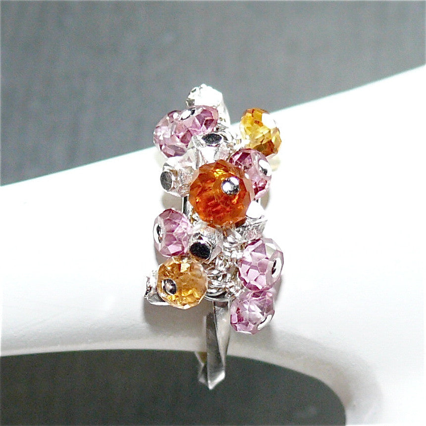 Handcrafted Gemstone Confetti Ring by Arpaia Lang - Twisted Sterling Silver with Citrine & Pink Topaz Faceted Briolette Beads