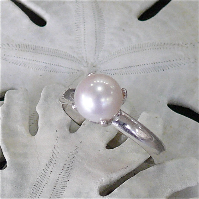 Argentium Silver Ring with 7.5 mm Round White Cultured Freshwater Pearl