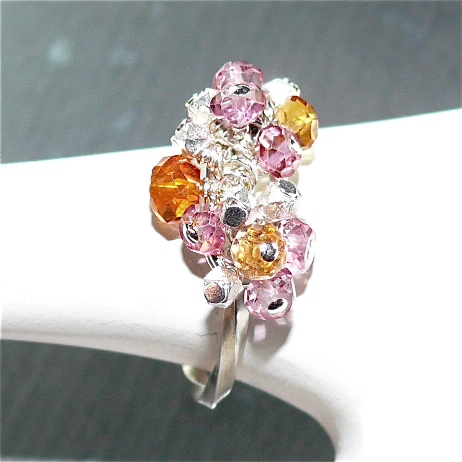 Handcrafted Gemstone Confetti Ring by Arpaia Lang - Twisted Sterling Silver with Citrine & Pink Topaz Faceted Briolette Beads