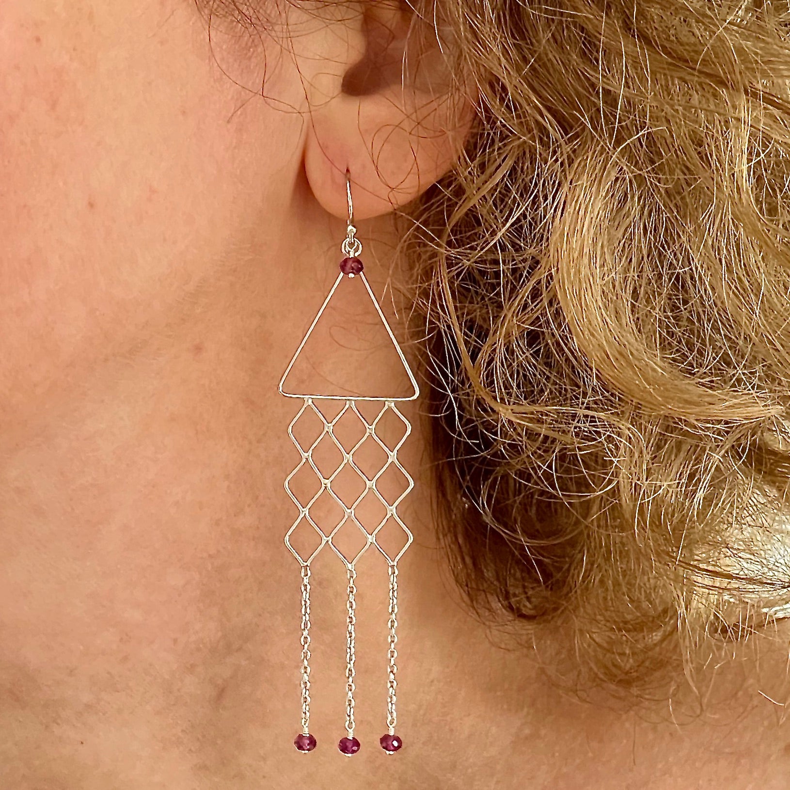 Silver chandelier earrings with rhodolite garnet - model image 1