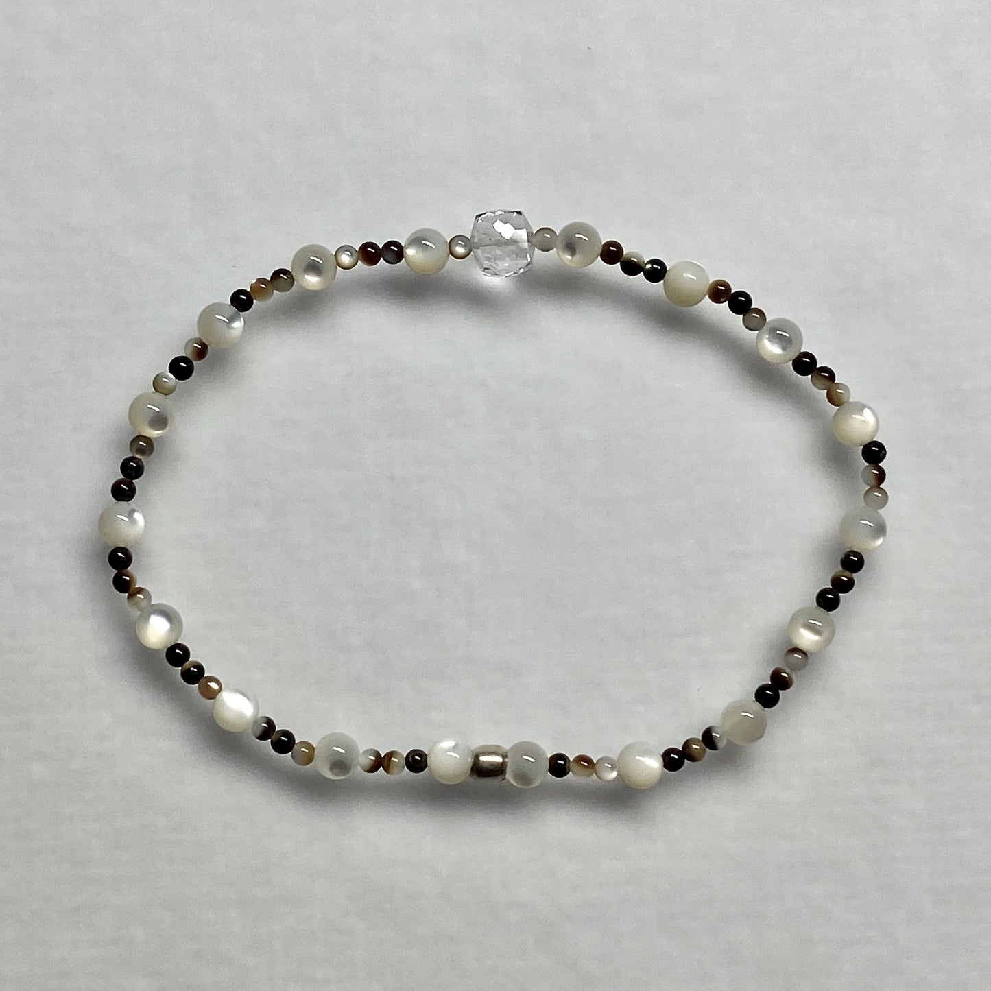 "Moon Water" beachlove stretch bracelet with white topaz & multi-color mother of pearl gemstone beads