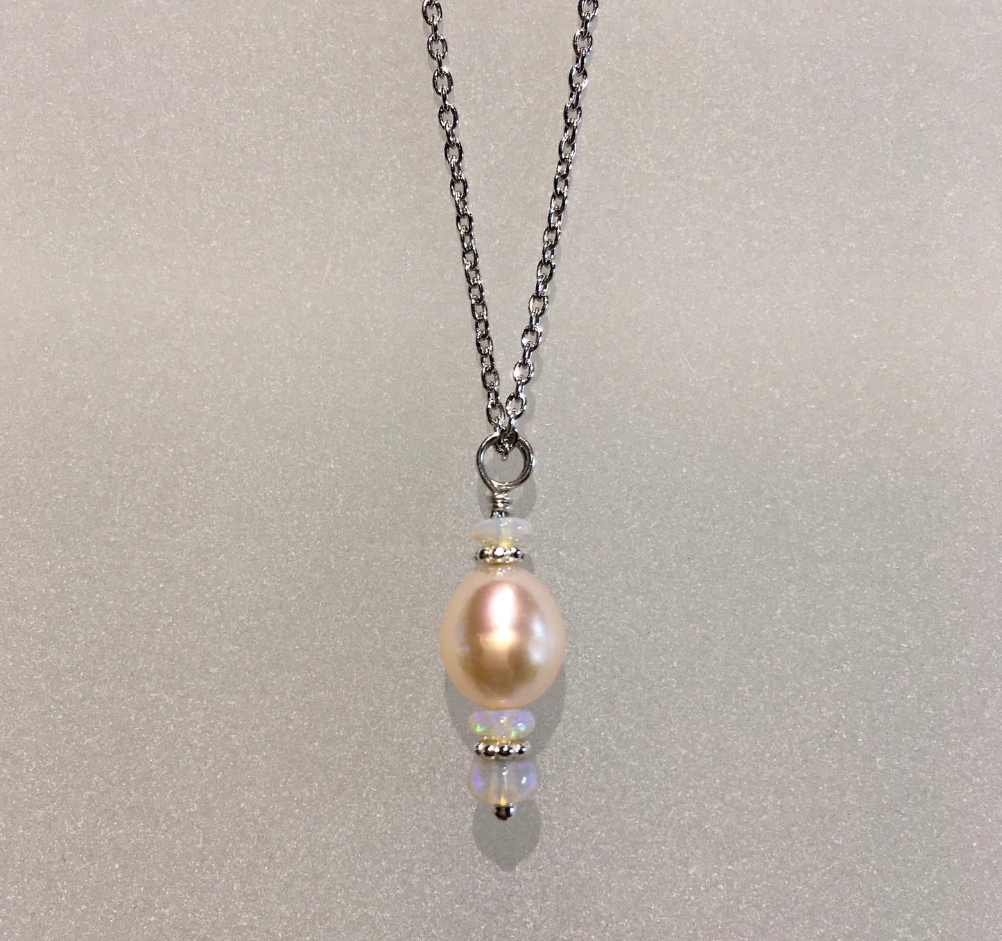 Peach Cultured Pearl & Opal Drop Pendant by Arpaia Jewelry on 18" Sterling Chain