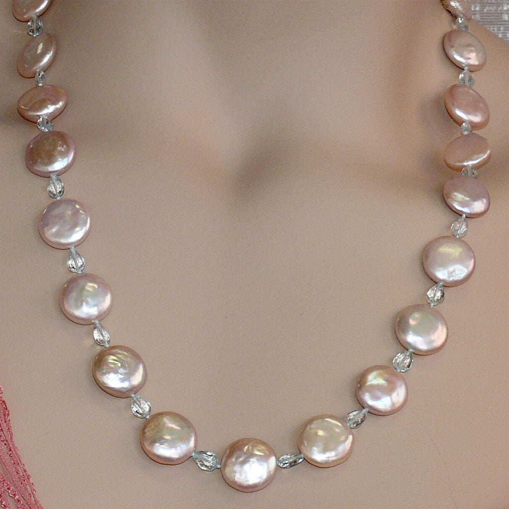 23" Pink Coin Pearl Aquamarine Necklace / Arpaia