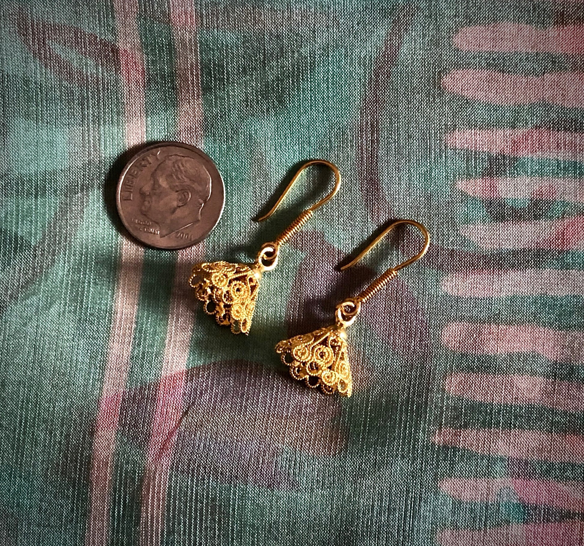 Size Comparison Arpaia Filigree 22k Gold Dangle Earrings