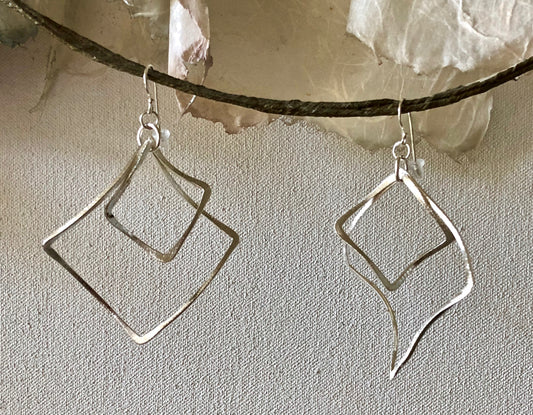 Brushed Finish Sterling Silver Contoured Double Open Square Dangle Earrings