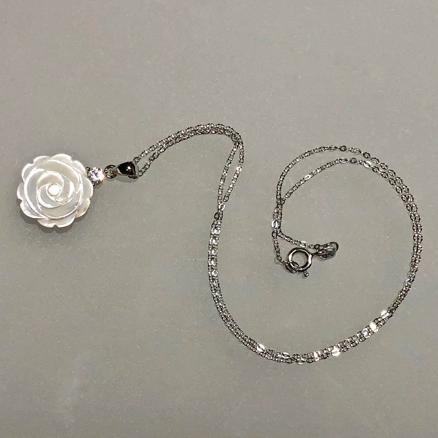 15mm White Mother of Pearl Rose Carved Pendant with CZ on Sterling Chain / Arpaia Jewelry