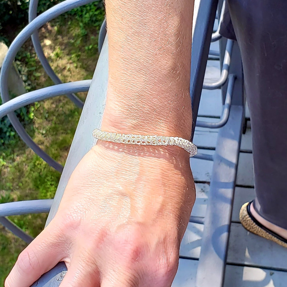 Arpaia Silver Bellezza Bracelet on model - closeup in outside natural light