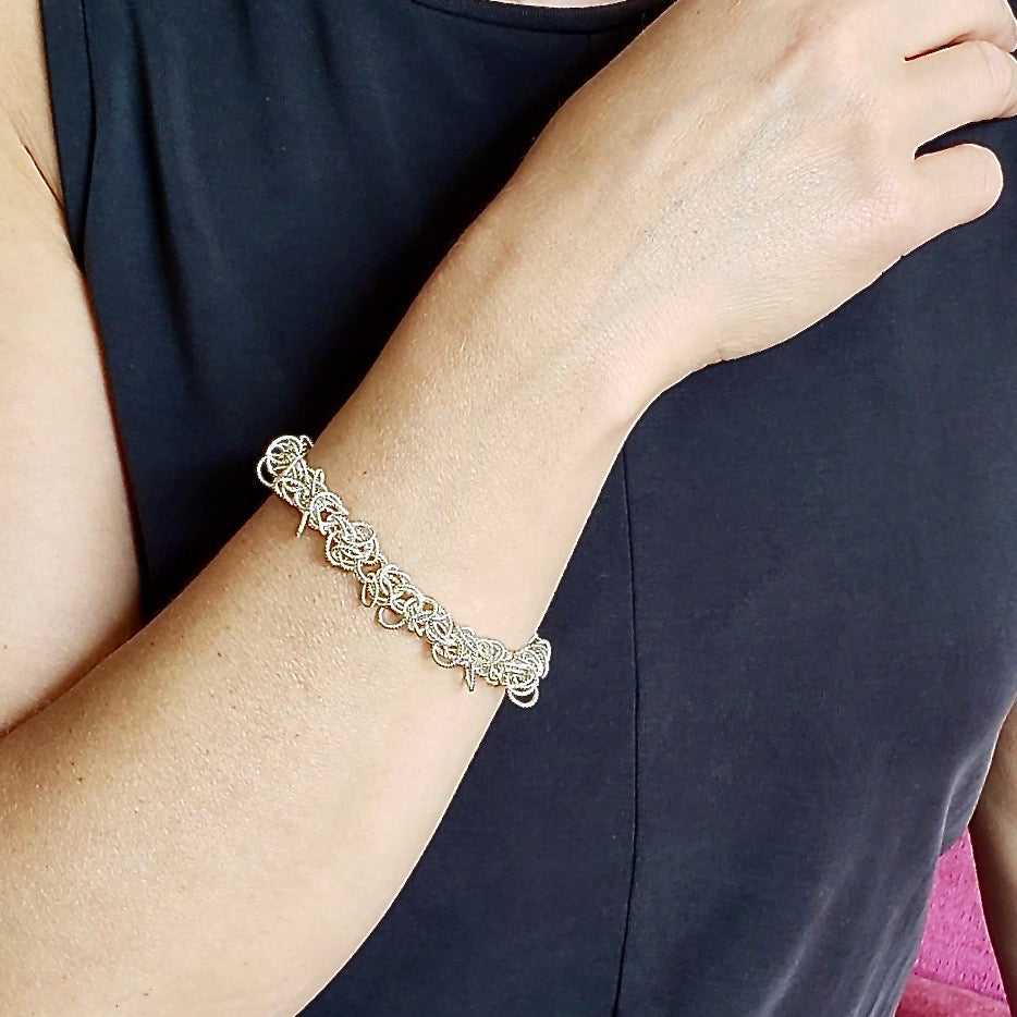 Arpaia Silver Frilly Bracelet on model - inside natural light