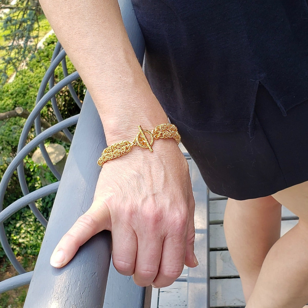 Arpaia Gold Vermeil Double Byzantine Bracelet on Model with clasp face up - outside natural light