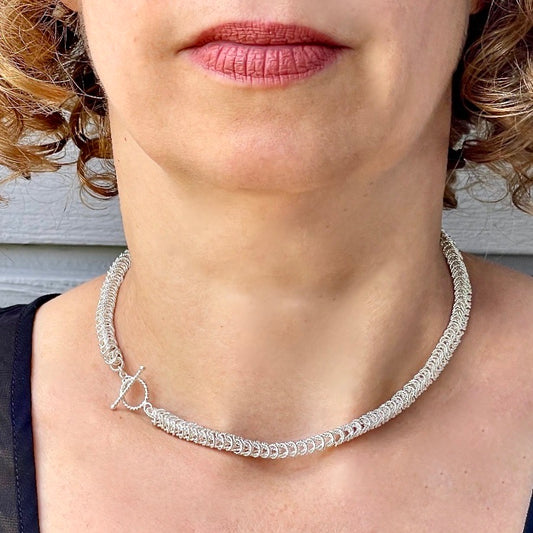 Silver Choker full layout on model with clasp worn to side / Arpaia Lang