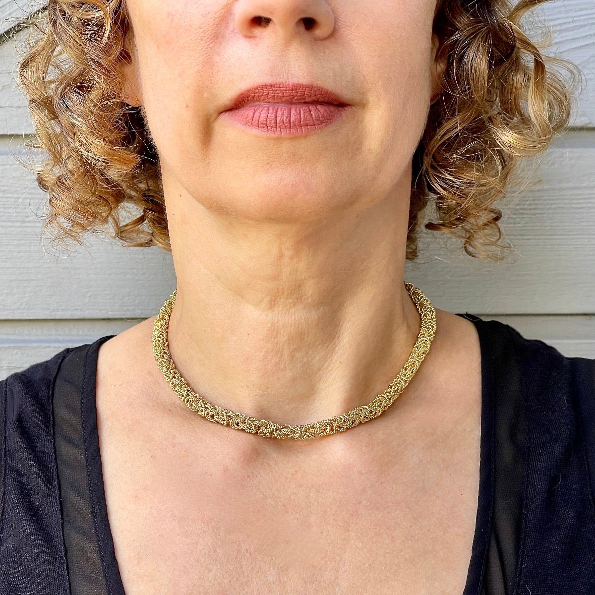 front view of champagne vermeil byzantine choker on model