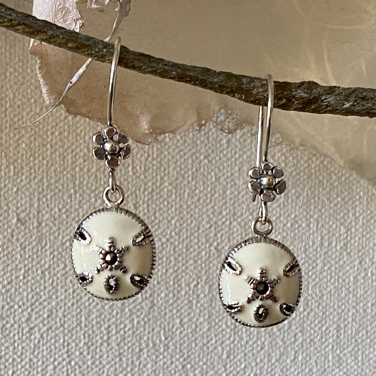 Sterling Silver, Enamel & Marcasite Sand Dollar Dangle Earrings with Flower Earring Wires