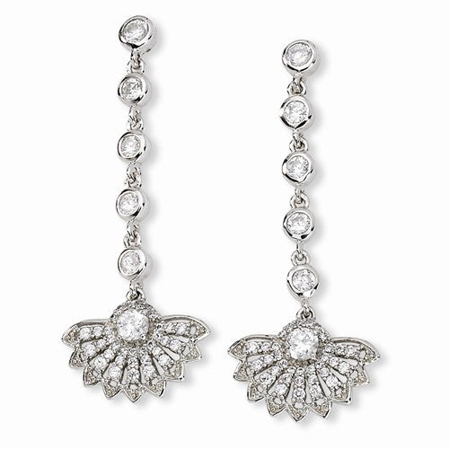 Designer Cheryl M. Rhodium-Plated Sterling Silver Open Fan Design Dangle Earrings with Brilliant Cubic Zirconia